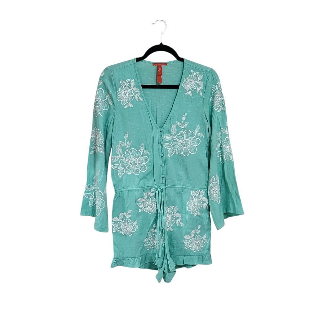 Chelsea & Violet Romper S Boho Aqua Embroidered Floral Long Flare Sleeve Cowgirl